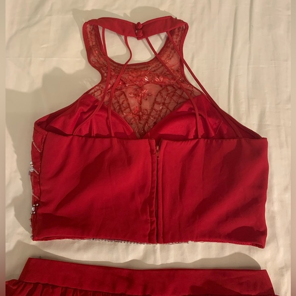 Two-piece red dress - bedazzled, halter, flowy bottom - Picture 11 of 11
